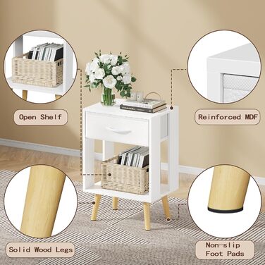 Набір з 2 приліжних тумбочок, 40x30x60.3 см. Тумбочки з шухлядою для спальні, дитячої кімнати. Білий колір.