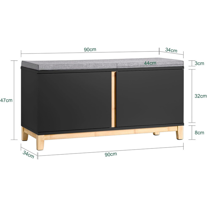 Лавка для взуття SoBuy FSR117-W з сидінням та зберіганням, 90x46x34см, інженерне дерево, чорна