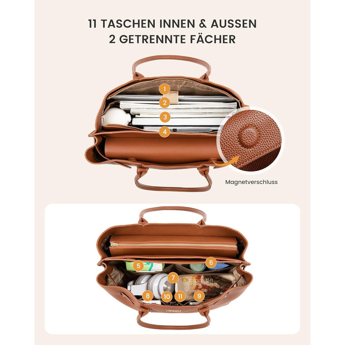 LOVEVOOK Сумка для ноутбука 15.6 дюймів, жіноча, велика, торбинка-шопер, шкіряна, водонепроникна, для роботи, навчання, офісу, універсальна, коричнева