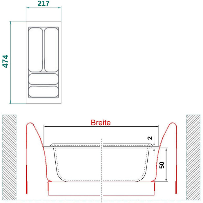 Універсальна вставка для столових приладів Коробка для столових приладів сріблясто-сірого кольору для висувного ящика 60 (473,5 x 526 мм) (ORGA-BOX I)