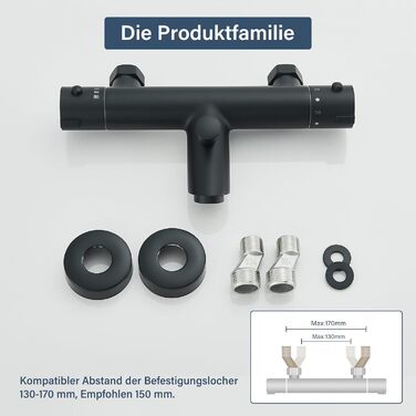 Змішувач для ванни з термостатом, чорний, настінний монтаж - універсальний для ванни та умивальника