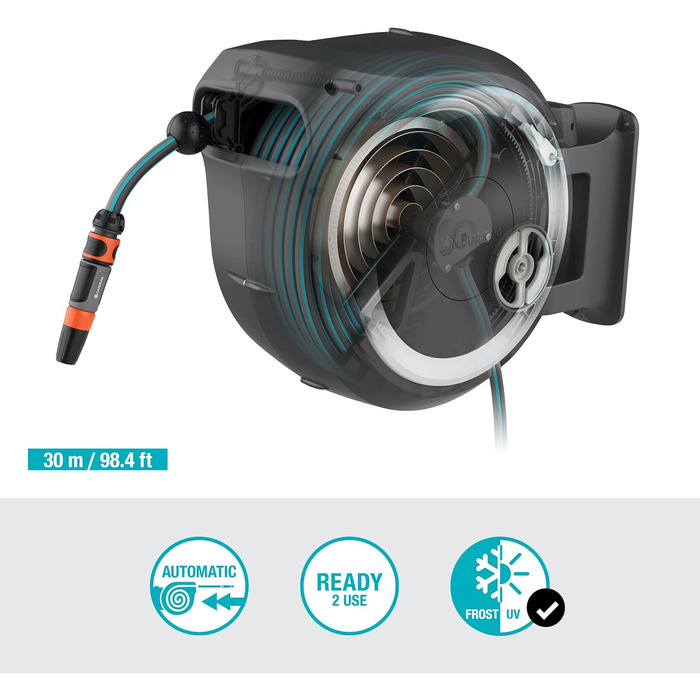 Набір для поливу Gardena RollUp L 30 м: гнучкий шланг для великих садів, поворотна коробка, з шлангом 30 м та монтажними аксесуарами (18625-20) (Білий, з розпилювачем)