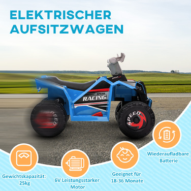 HOMCOM Electric Kids Quad, Міні електричний квадроцикл з функцією руху вперед, Функція заднього ходу, Електромобіль 6 В для дітей 1,5-3 роки, 2,5 км/год, Синій