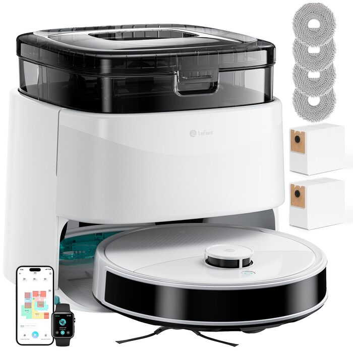 Робот-пилосос LEFANT M3 з функцією миття підлоги, 12000 Па потужність всмоктування, автоматичне док-станція, до 220 хвилин роботи, малювання плану прибирання, заборонені зони, уникнення перешкод, LiDAR навігація, підйом мопа, білий