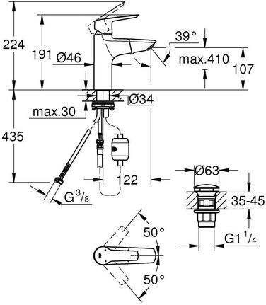 Змішувач для ванної кімнати GROHE Start для сім'ї, економія води, висувний, з поп-ап зливом, 19 см, 3-в-1 інструмент, проста установка, хром, 24205003