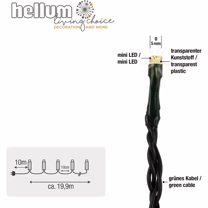 Гірлянда hellum LED для вулиці з таймером, 19,9 м, 200 теплих білих LED, електрична з зеленим кабелем, для ялинки