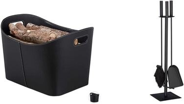 Чорний кошик для дров імітація шкіряний міцний кошик для дров з ручками, для дров і газет, овальний, 80 картон (XL, комплект з камінними інструментами 61 х 15 х 15 см)