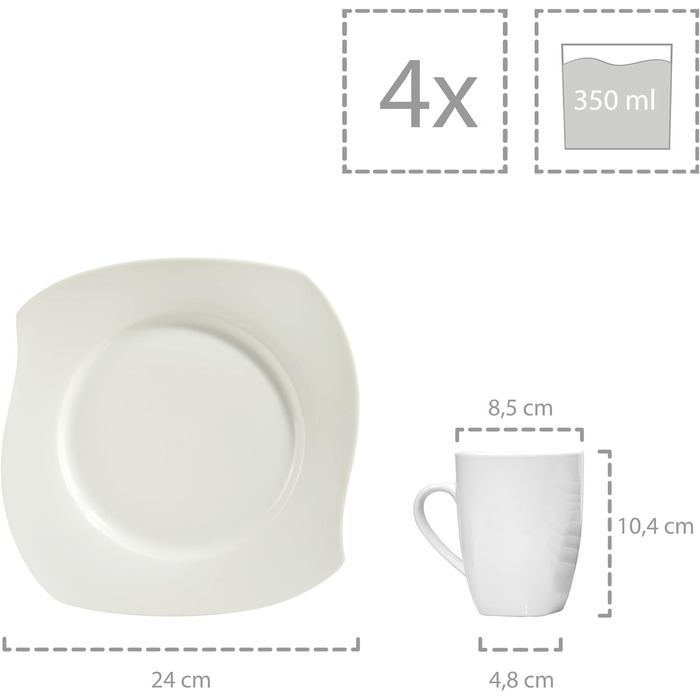 Набір порцелянового посуду SINGER Avalon у білому кольорі 18шт для вигнутої дизайнерської тарілки на 6 осіб (обідній сервіз із 16 предметів)