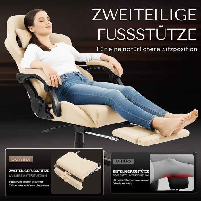 Ігровий крісло Dowinx з регульованою підніжкою, масажером попереку та офісним комфортом, до 200 кг, 165° нахил спинки, бежевий