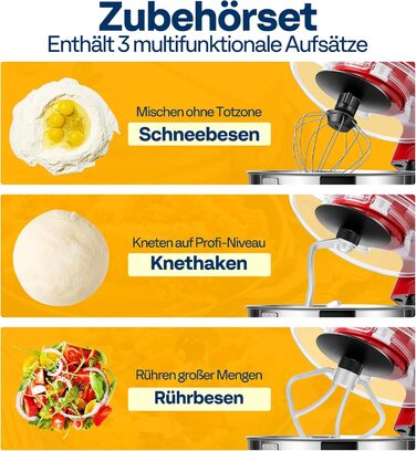 Кухонна машина VIVOHOME 5.7L: потужний міксер з 10 швидкостями, функцією імпульсу та набором насадок (червоний)