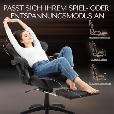 Ігровий крісло Dowinx з регульованою підніжкою, масажним поперековим валиком та офісним комфортом, до 200 кг, кут нахилу спинки 165°, чорний