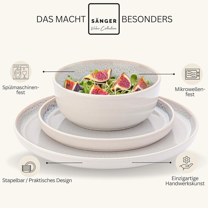 Набір посуду SÄNGER Kreta 30 предметів: тарілки, чашки, миски, для 6 осіб, блакитний, з кремовим, стійкий до подряпин, придатний для миття в посудомийній машині та використання в мікрохвильовій печі