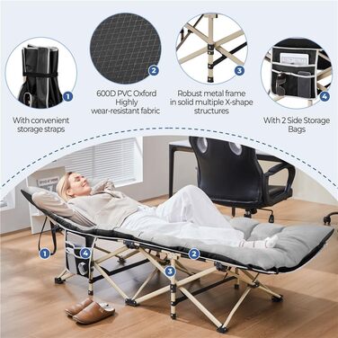 Розкладне кемпінгове ліжко Yaheetech з матрацом та сумкою для перенесення, 191 x 67 см, сіро-чорне, витримує до 150 кг