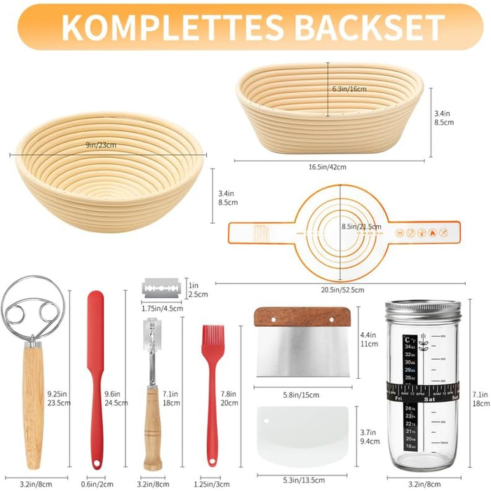 Набір для приготування закваски та випікання хліба 10 предметів: 2 кошики для бродіння (23см круглі, 25см овальні), 730мл банку для закваски, повний набір аксесуарів для випікання закваски для початківців