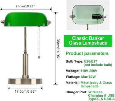 Настільна лампа Bankers із зеленого скла з бездротовою зарядкою, портом USB, вінтажним латунним тяговим ланцюгом