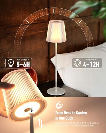 LED настільна лампа LuminexDesigns бездротова з акумулятором 5200mAh, диммер, IP54, для спальні, офісу, саду, білого кольору, 1 шт. (Сучасний, компактний)