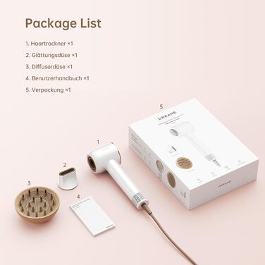 Фен для волосся Dreame Hair Glory Combo, швидка сушка, 110 000 об/хв, потік повітря 70 м/с, іонізація, регулювання температури та швидкості, з дифузором, білий