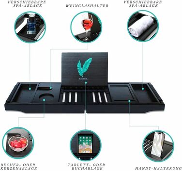 Підставка для ванни Lagune Premium з бамбука (чорна) з шкіряними ручками, для свічок, келихів, книг, планшетів, iPad та телефонів