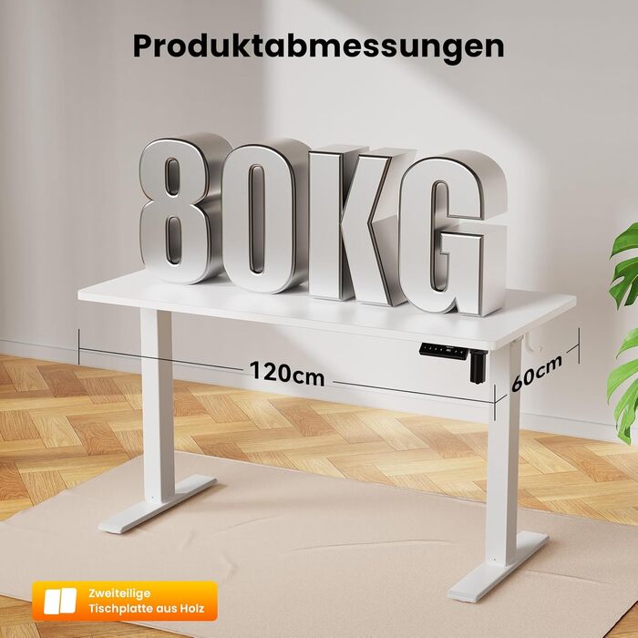 Електричний стіл для роботи 120x60 см, регулювання висоти, з пам'яттю, білий | Стіл для комп'ютера, стоячи/сидячи