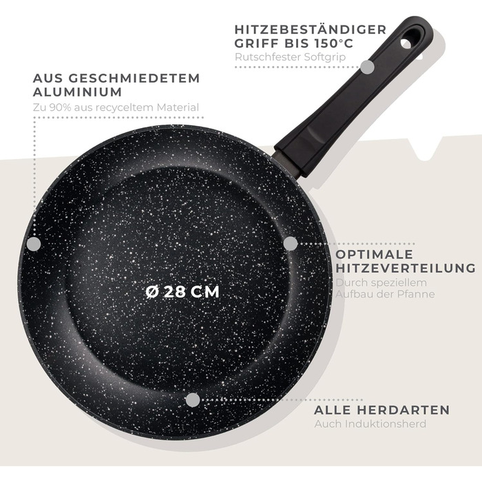 Ексклюзивно для Domopolis - Мармурова сковорода для факелів 28 см, сковорода з антипригарним покриттям, виготовлена з 90 переробленого алюмінію, з ергономічним дизайном.