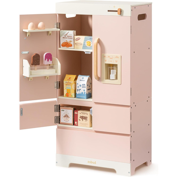 Дерев'яна іграшкова кухня ROBUD для дітей з реалістичним аксесуаром, набір іграшкової кухні з багатьма функціями, сучасний дизайн, подарунок від 3 років (холодильник)