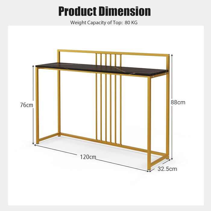 Консольний столик LIFEZEAL з мармуру, металевий каркас, канадський стиль, 120x32.5x88см, золото (чорний)