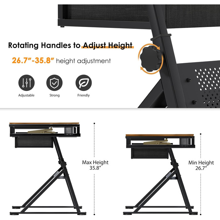 Регульований стіл для малювання та роботи, з хокером та ящиками. Ідеально для техніків, архітекторів та студентів мистецтв