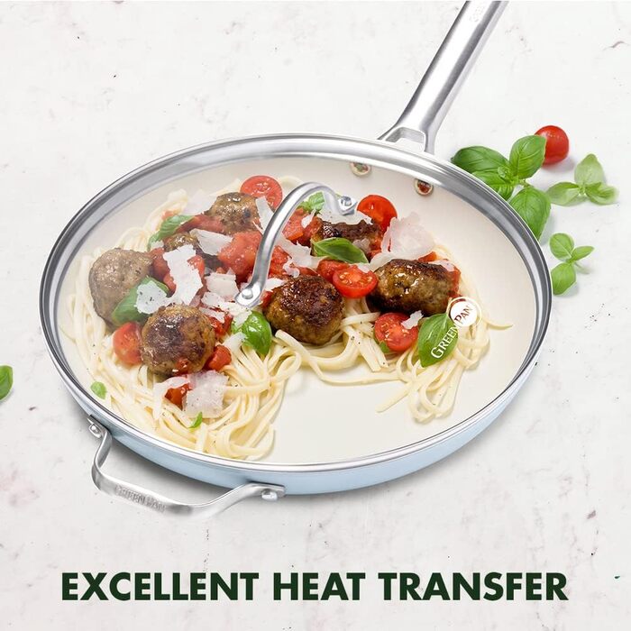 Сковорода GreenPan Padova з антипригарним покриттям Ceramic Antihaftbeschichtung, 30.5 см з кришкою та допоміжним ручками, без PFAS, придатна для миття в посудомийній машині, світло-блакитна