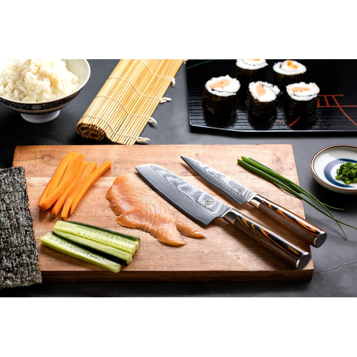 Набір кухонних ножів Дамаск Wolfblood (2 шт.) 24 см, з сертифікацією TÜV, сталь Дамаск 67 шарів, з дерев'яною ручкою, подарункова коробка, захист леза