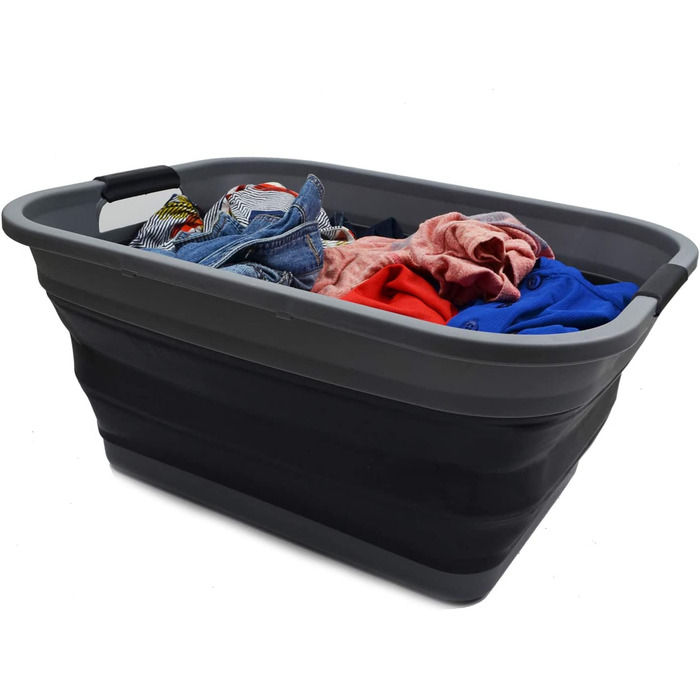 Складна Пластикова корзина для білизни SAMMART 41L-складаний висувний контейнер для зберігання / органайзер-Портативна пральна ванна-компактна Кошик /Кошик (Сірий / Чорний)