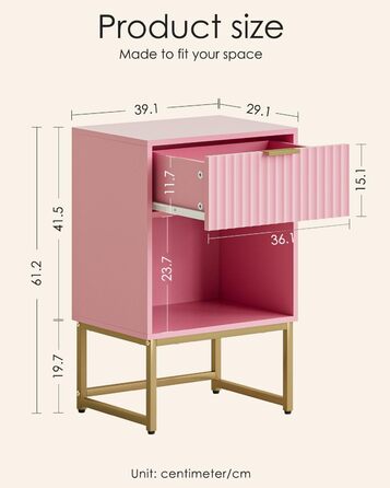 Приліжкова тумбочка з відкритим відсіком, журнальний столик для вітальні та спальні (горіх), 40 x 30 x 60 см, рожеве фетрове покриття