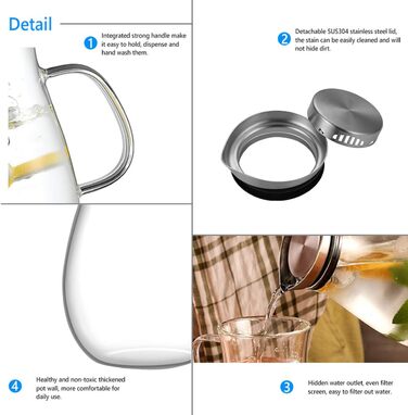 Скляна джезва для води з боросилікатного скла, 2 л, з нержавіючою кришкою