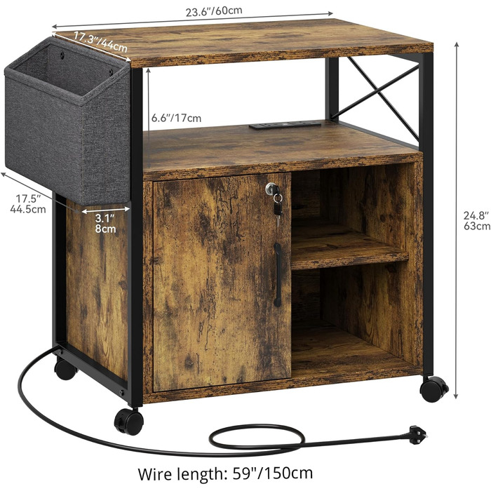 Підставка для принтера YITAHOME з розетками, роликова, з полицею та кишенькою, з замком для документів, для дому/офісу (колір: коричневий)