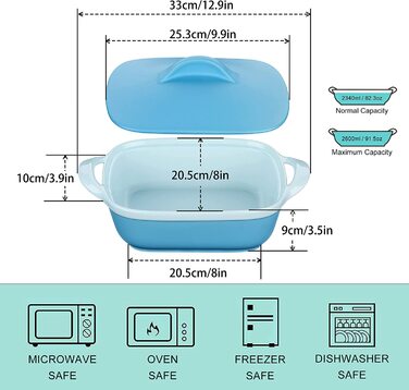 Порцелянова форма для випічки, форма для духовки LOVECASA, прямокутна форма для випічки з 3 предметів із закругленими кутами, форма для пирога з заварним кремом, форми для випічки, листи для лазаньї з ручками (сині, форма для випічки, 1 серія, 2600 мл)