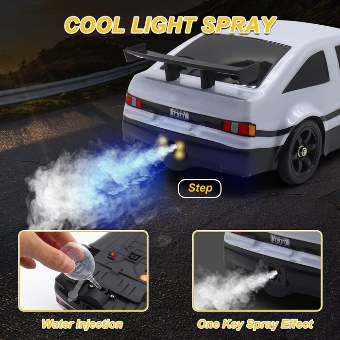 RC Drift Car Mostop 1:16 2.4Ghz – Радіокерована модель для дрифту зі світлодіодами, розпилювачем, 2 акумуляторами та додатковими шинами, швидкість 18 км/год, 4WD для дітей та хобі