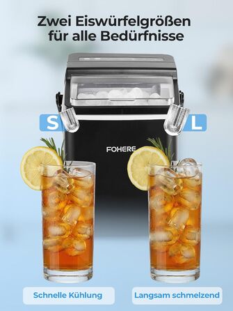 Льодогенератор Fohere портативний з ручкою, 14 кг/24 год, кулі 9 шт за 5 хв, 2 розміри, самоочищення, для дому, кухні, офісу, кемпінгу, вечірок