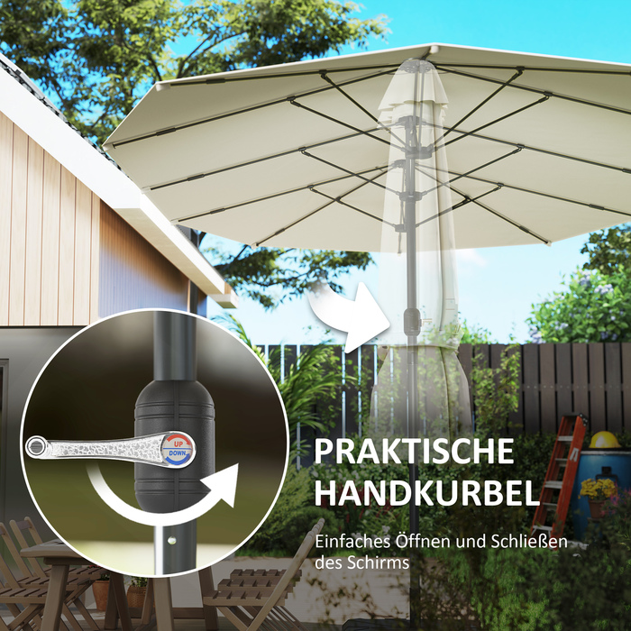 Outsunny Double Parasol 436 x 260 см, Сталева парасолька із захистом від ультрафіолету з ручною рукояткою, Овальна балконна парасолька Пляжна парасолька Вітрозахисна стабільна ринкова парасолька Колінчастий парасольку для пляжного балконного саду, бежева