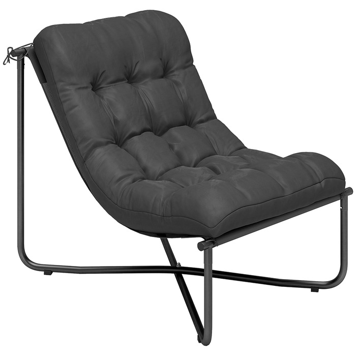 Зручне крісло для відпочинку на відкритому повітрі. Ергономічне садове крісло з приємними на дотик подушками, широким сидінням та міцним сталевим каркасом у темно-сірому кольорі.