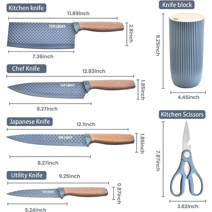 Набір кухонних ножів, 6 предметів, чорний, гострий, з антипригарним покриттям, нержавіюча сталь, з підставкою (блакитна)