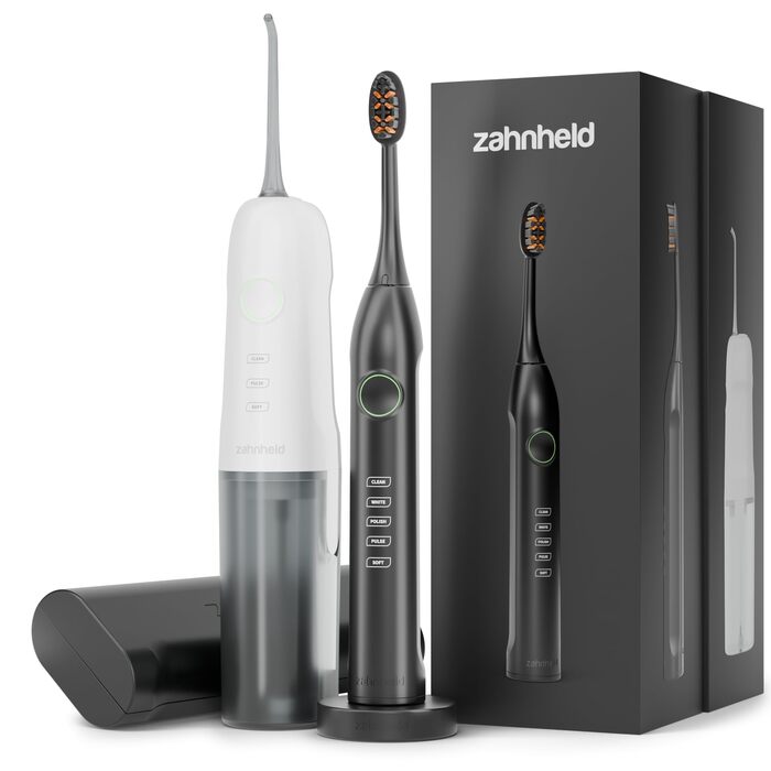 Електрична зубна щітка Zahnheld Gero G3 + Іригатор AQUADENT: Комплект для чищення зубів та гігієни ротової порожнини з датчиком тиску, таймером, USB-C, чорний