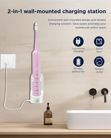 Електрична звукова зубна щітка для дорослих і дітей, 5 режимів чищення, 3 рівні інтенсивності, таймер, 8 насадок, кейс для подорожей, акумуляторна (Рожева, 1 шт.)