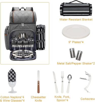 Набір для пікніка на 4 особи: рюкзак, корзина, сумка-холодильник, ковдра, для кемпінгу, парку (сірий)