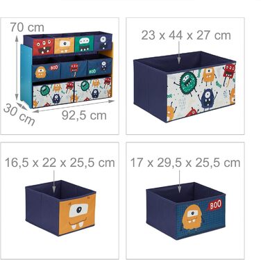 Дитяча полиця Relaxdays з 9 тканинними коробками, дизайн монстр, ВхШхГ 70 х 92,5 30 см, полиця для іграшок для дитячої кімнати, барвиста, темно-синій, бірюзовий, помаранчевий