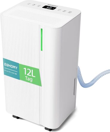 EUHOMY Електричний осушувач повітря для підвалу з відведенням води, тихий та економічний, з автоматичним відтаванням, таймером, для квартири до 50 м² (12 л)