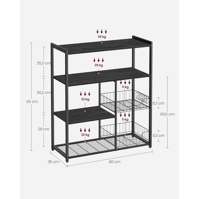 Стійка для кухні VASAGLE з 2 металевими кошиками, пекарська стійка з гачками та полицями, для мікрохвильової печі, 35 x 80 x 93,5 см, золотий дуб + білий (антрацитовий сірий + чорний)