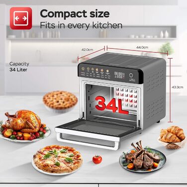 Багатофункціональна піч TurboTronic Multi Smart Oven 16-в-1: піч, фритюрниця, дегідратор, гриль, піч для піци. Об'єм 34 л, 2200 Вт, до 1 кг картоплі фрі, 40-350°C.