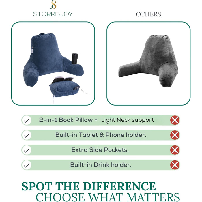 Storrejoy Велике крісло-лежак для читання з підголовником, кишенями та тримачем для книги/планшета (антрацит, блакитний)