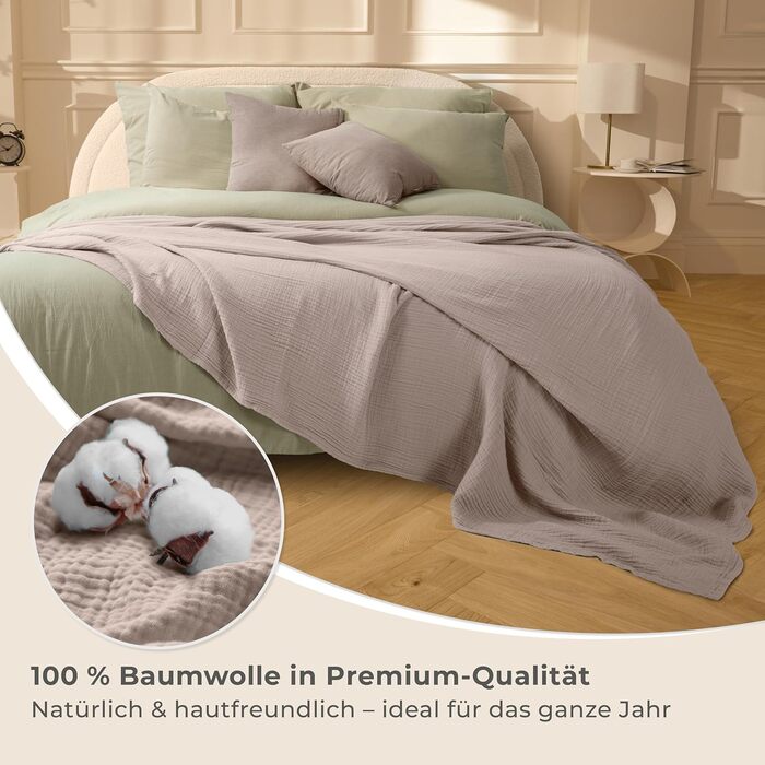 Плед LAYNENBURG Premium з мусліну, 150x200 см, 100% бавовна. Легкий літній плед, ковдра, накидка на ліжко/диван (Taupe)