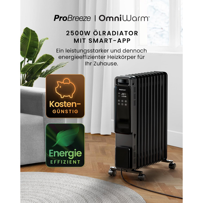 Електричний масляний радіатор Pro Breeze OmniWarm 2500W з 11 секціями, чорний - енергозберігаюча теплова панель з термостатом, таймером та захистом від перегріву