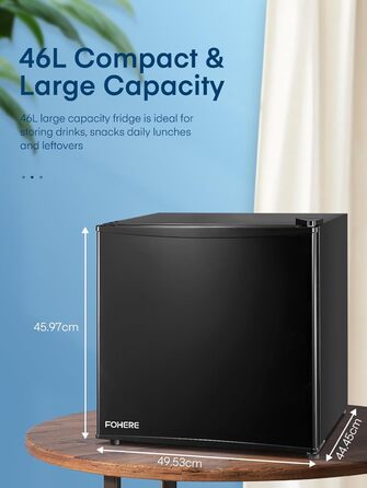 Міні-холодильник E 46L з морозильною камерою, енергоощадний, регулювання температури, рівень шуму 42 дБ, чорний — для офісу, кухні та спальні